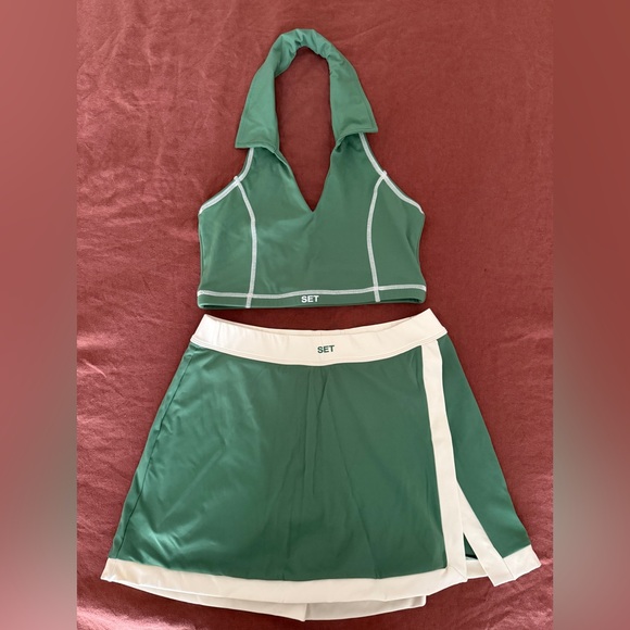 SET ACTIVE Tops - SET Active Green and White Halter Crop Top with Matching Skirt